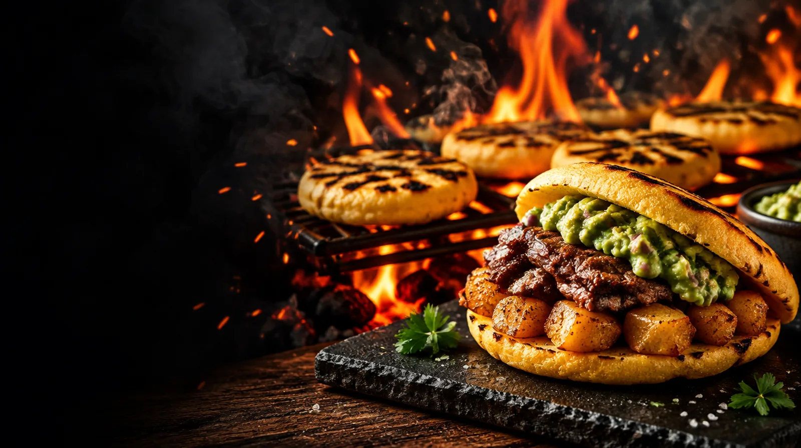 Charcoal-grilled corn arepa, split open and stuffed with grilled beef, golden potatoes and guacamole