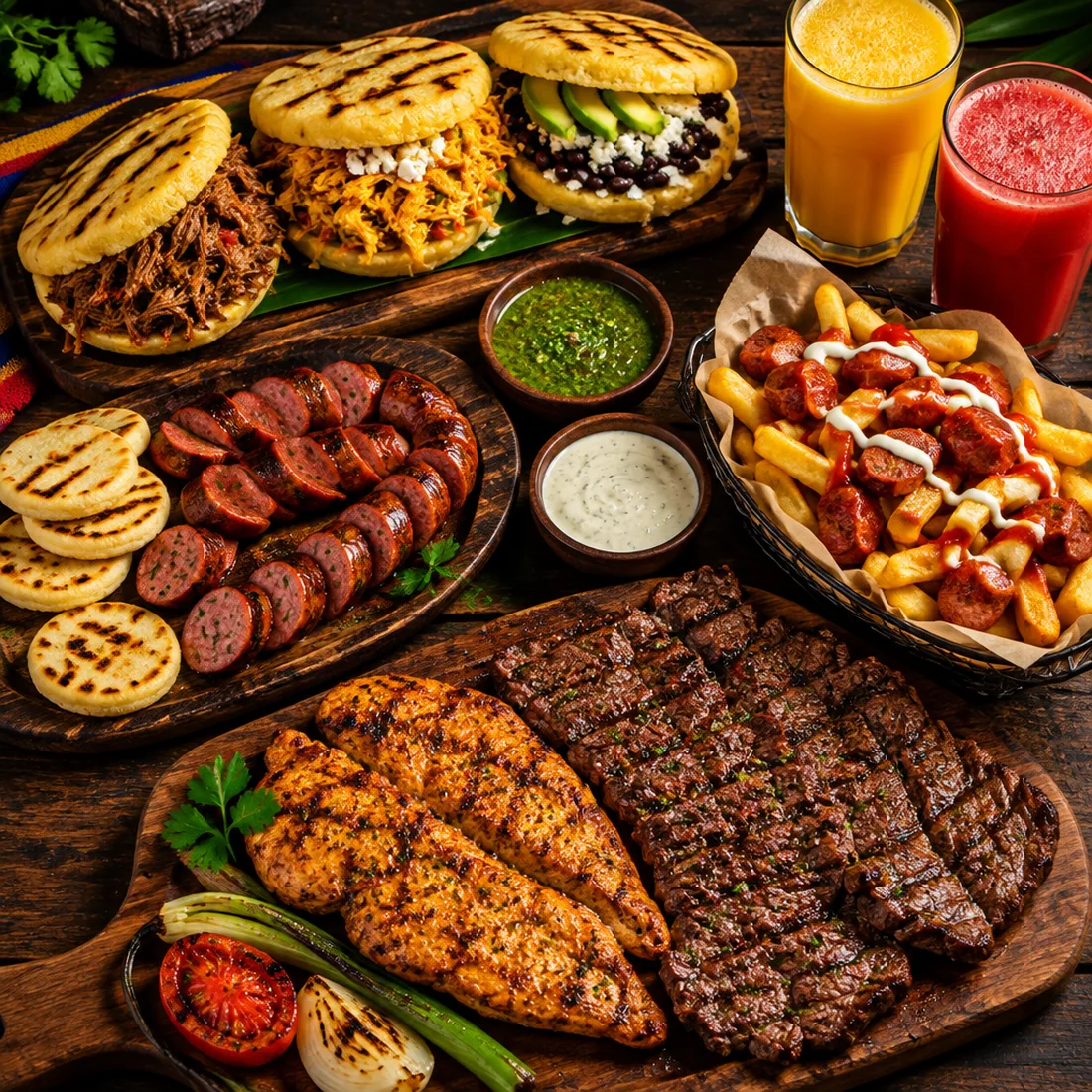 Table spread with stuffed arepas, chorizo, grilled beef and chicken, salchipapas and fresh juices