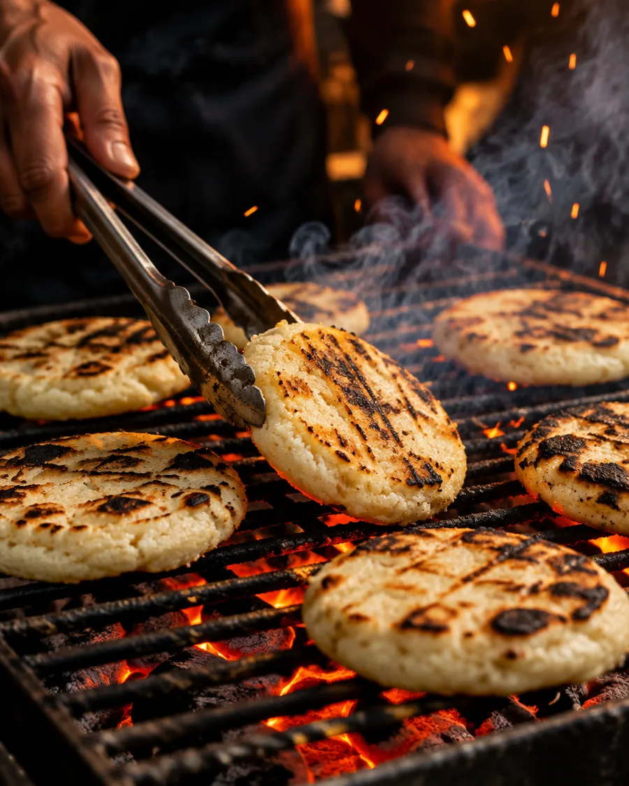 Arepas roasting on a charcoal grill with glowing embers underneath