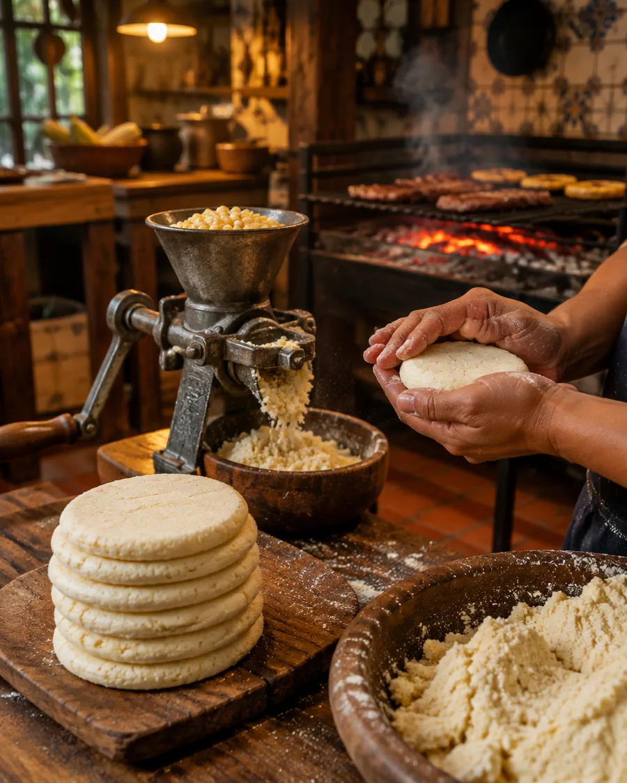Corn mill and freshly hand-shaped raw arepas on a wooden board